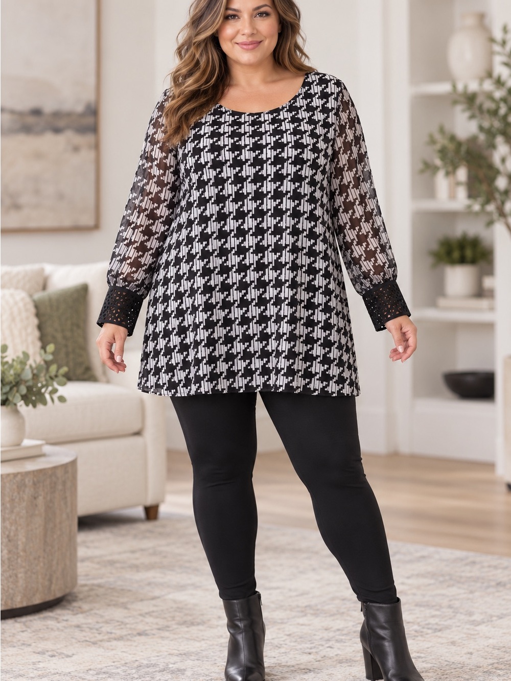 Alfani Black & White Houndstooth Sheer-Sleeve Tunic